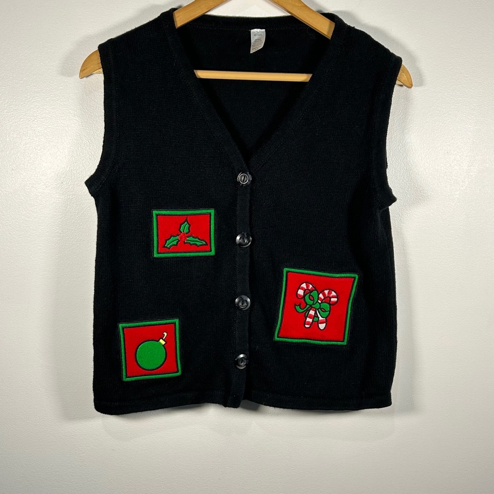 Vintage‎ Women Black Sleeveless Christmas Sweater Vest with Holiday Appliqué S/M